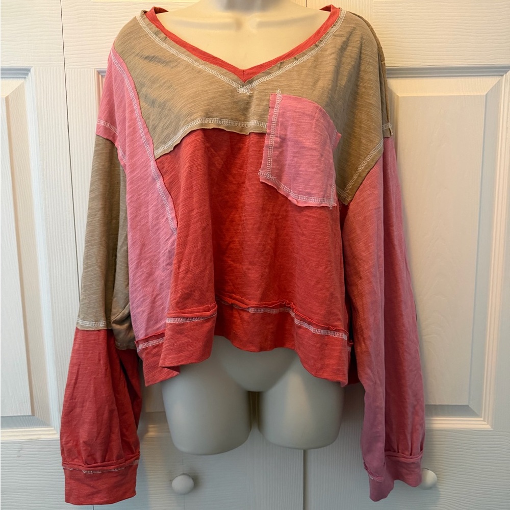 SHEIN Bohemia Colorblock V-Neck Long Sleeve Top